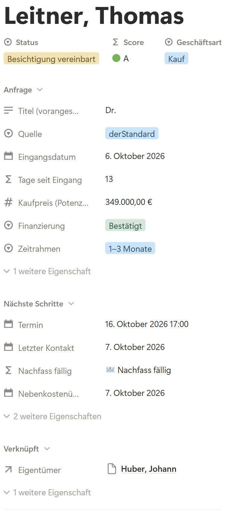 Bildschirmfoto aus Notion mit Beispieldaten. Die Seite eines Interessenten mit Status, Bewertung, Anfrage, nächsten Schritten und verknüpftem Eigentümer.